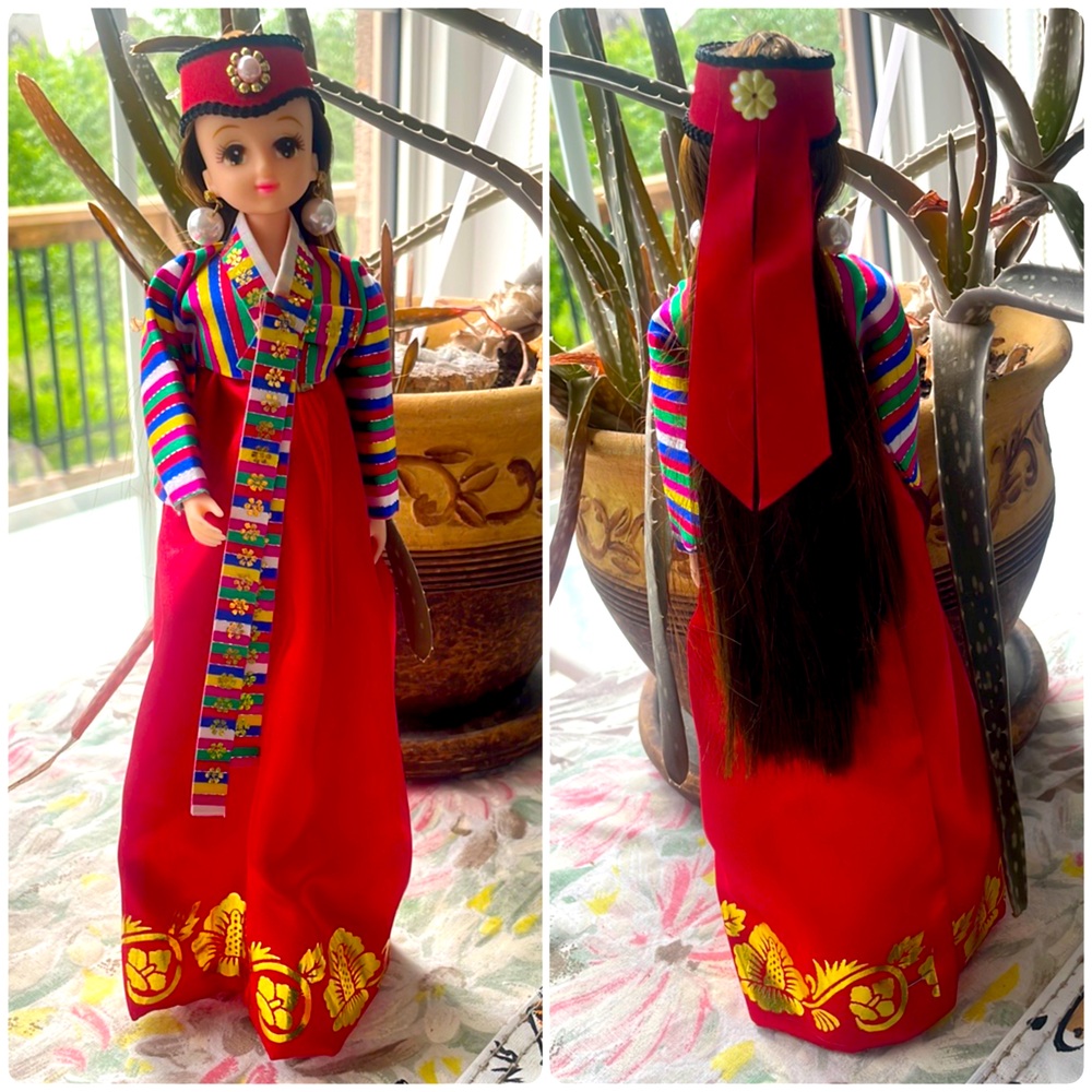 Traditional Korean Hanbok Doll Colorful Striped Silk Dress 12" Figurine NEW